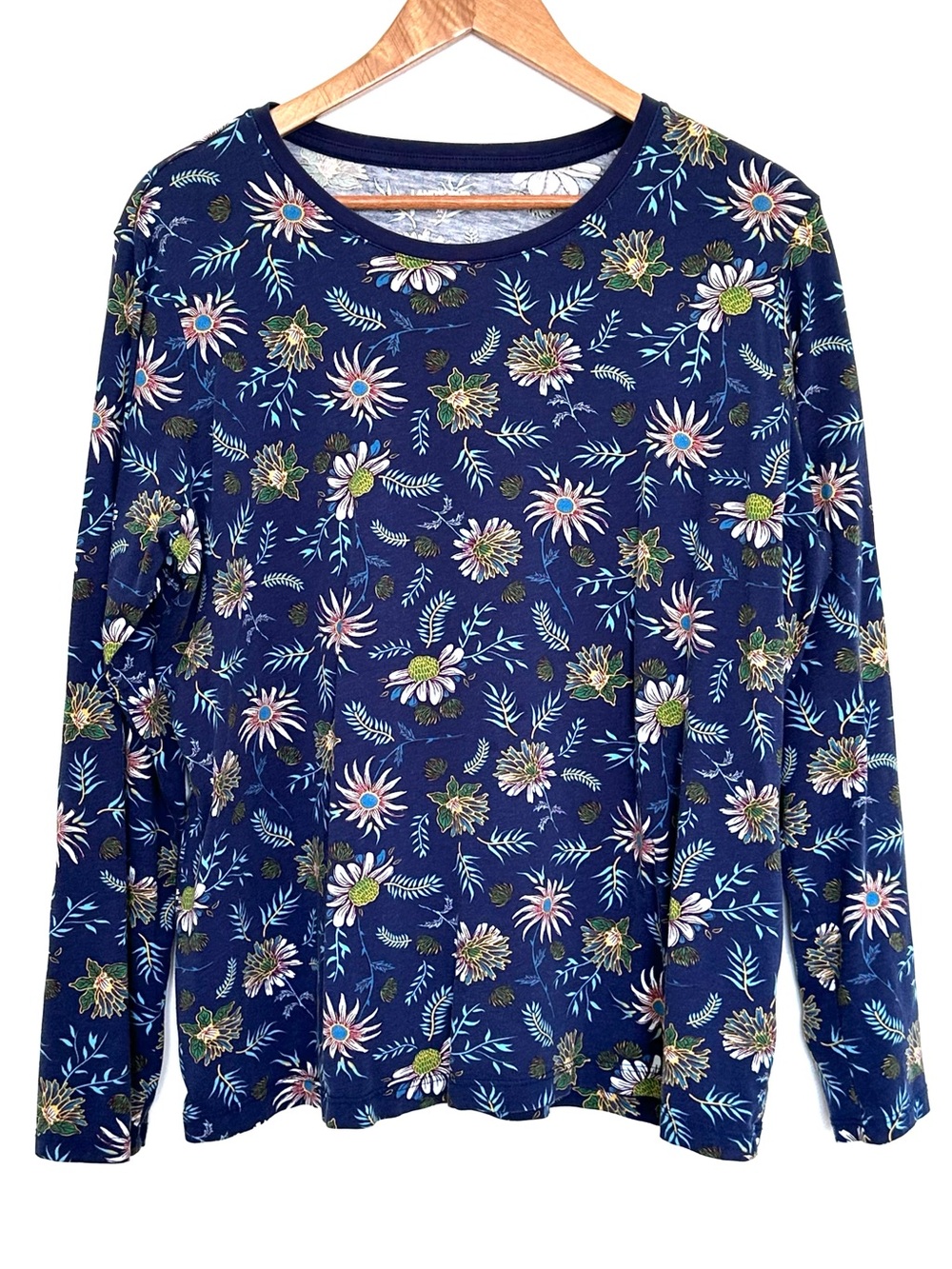 Lands’ End Shirt Women’s XL Blue Floral Cotton Long Sleeve Pullover Top